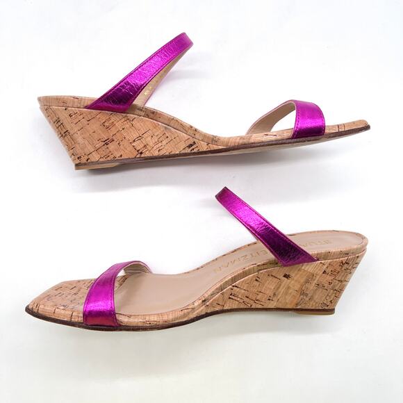 STUART WEITZMAN Aleena 50 Wedge Sandal Womens 8 Metallic Hot Pink Slide Cork - Picture 5 of 10